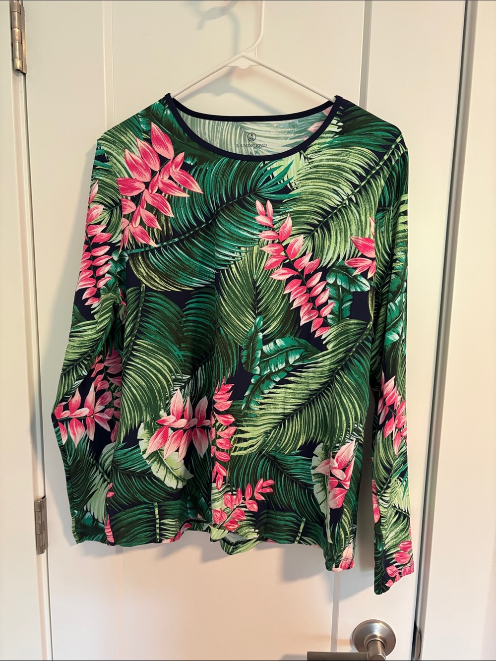 Lands' End Green & Pink Tropical Leaf Long-Sleeve UPF 50 Swim Top